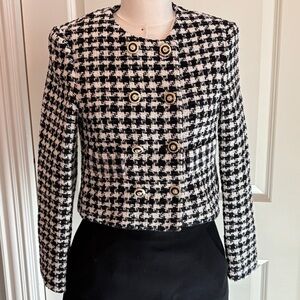 MNG by Mango, XS “Veneto” Black/White Cropped double breasted jacket. NWT